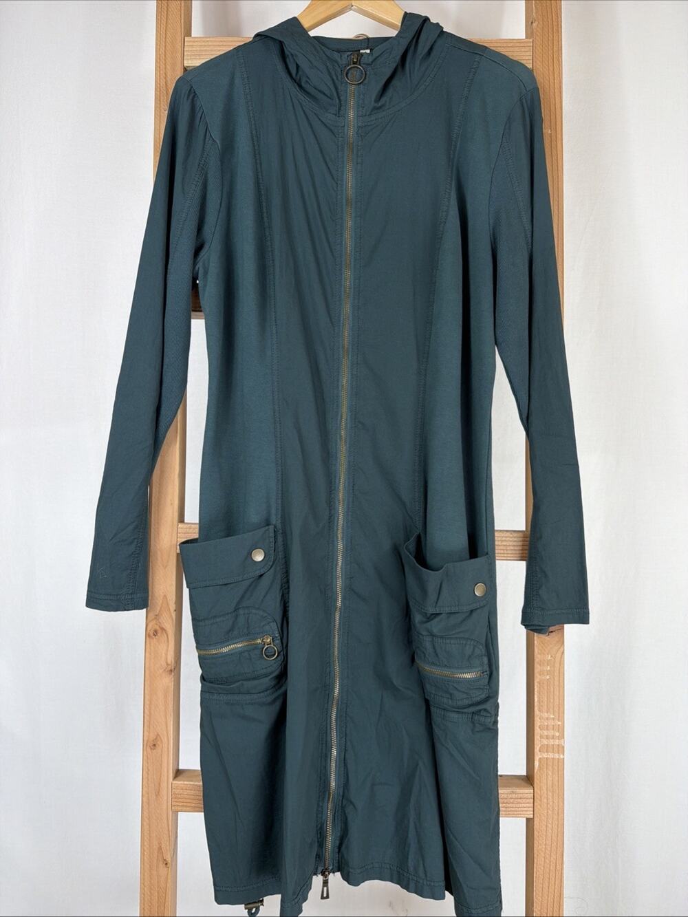 NWT XCVI Green Ribbed Pockets Long Sleeve Hood Zip Up Midi Dress #1199 Size LG